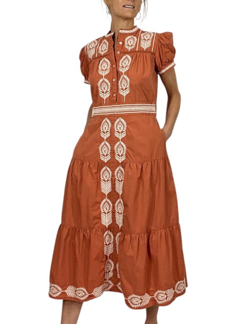 Bohme Siya Embroidered Dress S Orange Short Sleeve Midi Cottagecore - Picture 4 of 16